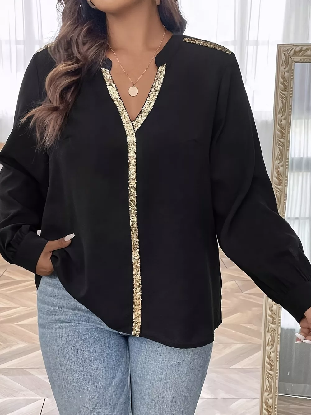 Sequin Trim Notched Long Sleeve Blouse, image 2