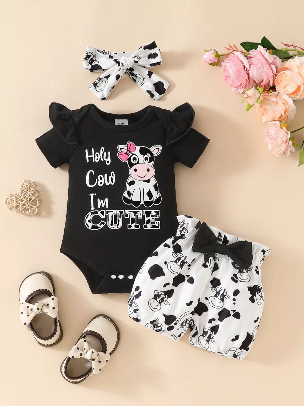 Children's Ruffled Cow Bodysuit and Shorts Set with Headband