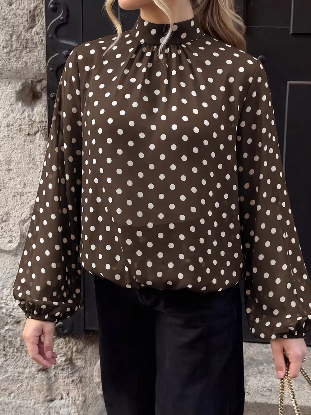 Polka Dot Mock Neck Long Sleeve Blouse, image 7