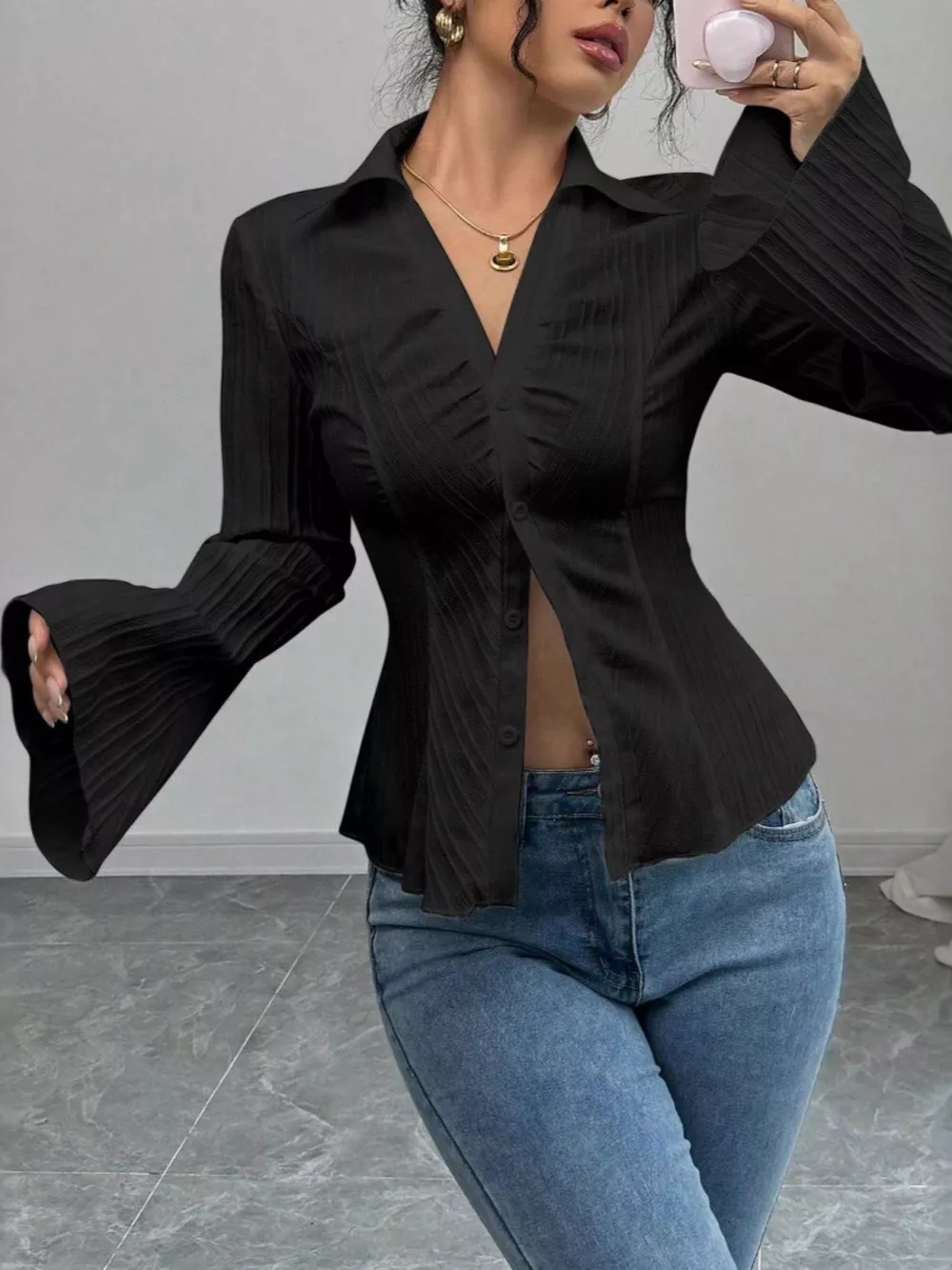 Flare Sleeve Button Up Shirt