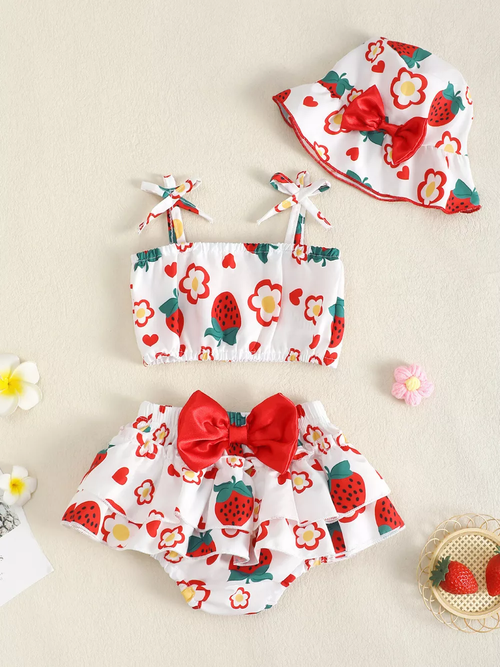 Children's Strawberry Print Cami and Skort Set with Hat