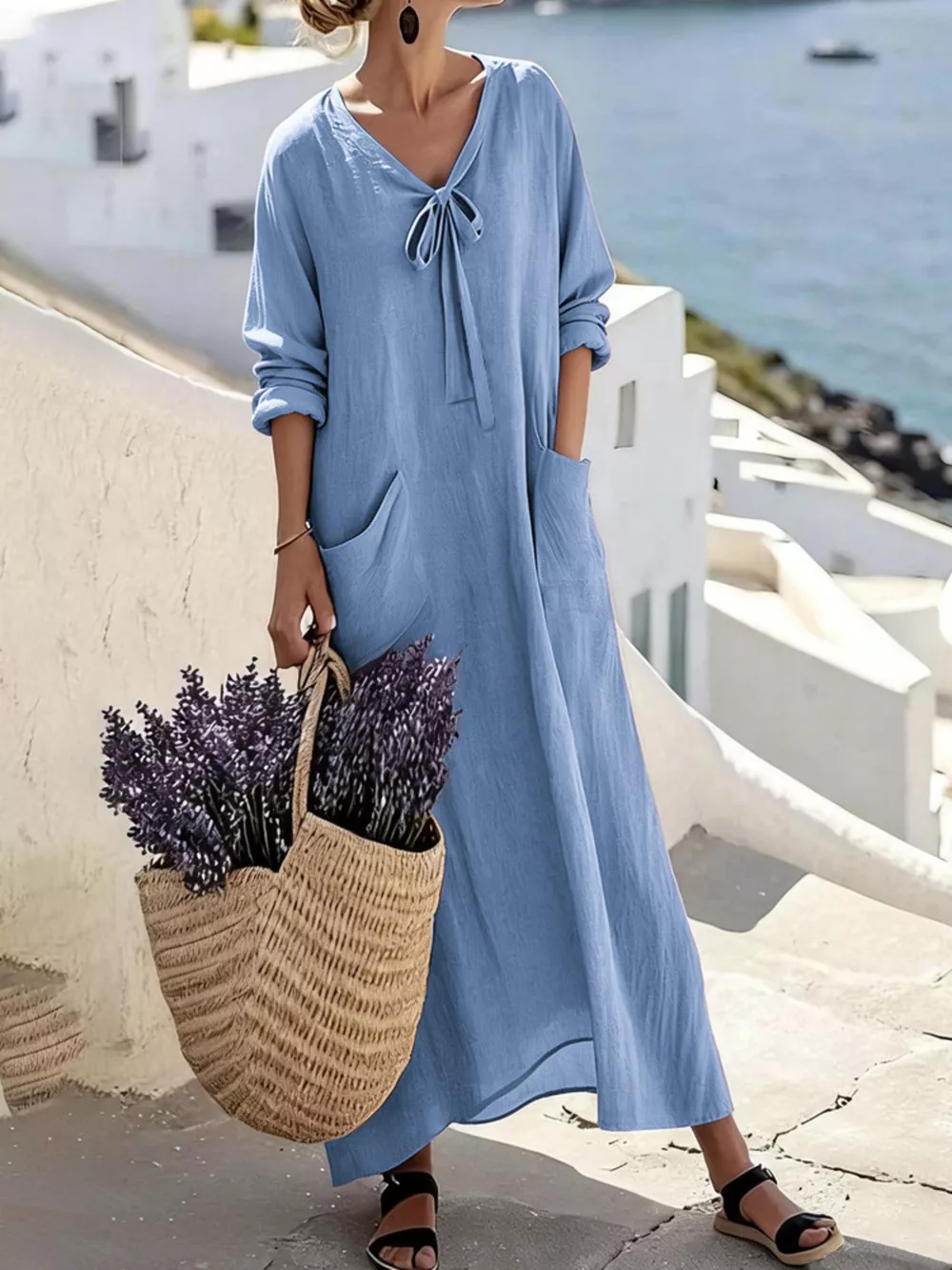Full Size Long Sleeve Loose Maxi Dress with Pockets Plus Size, image 9