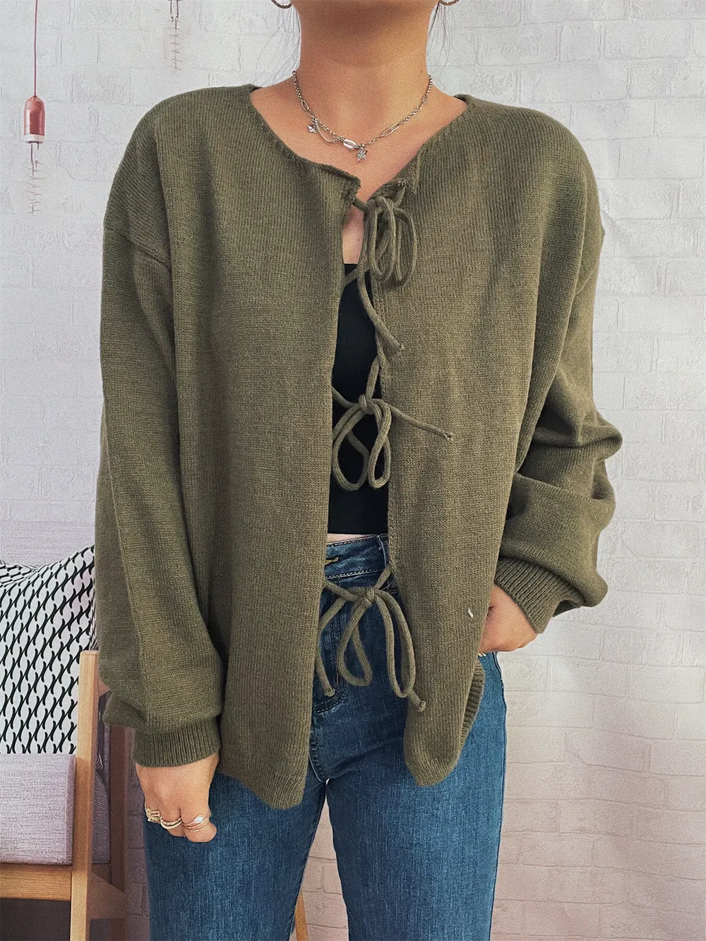 Tie Front Drop Shoulder Cardigan, image 16