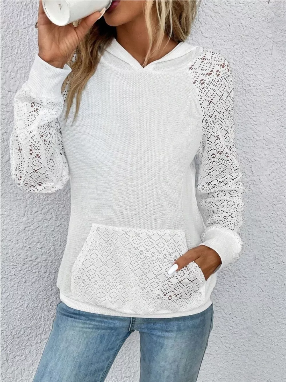 Lace Sleeve Kangaroo Pocket Hoodie, image 5