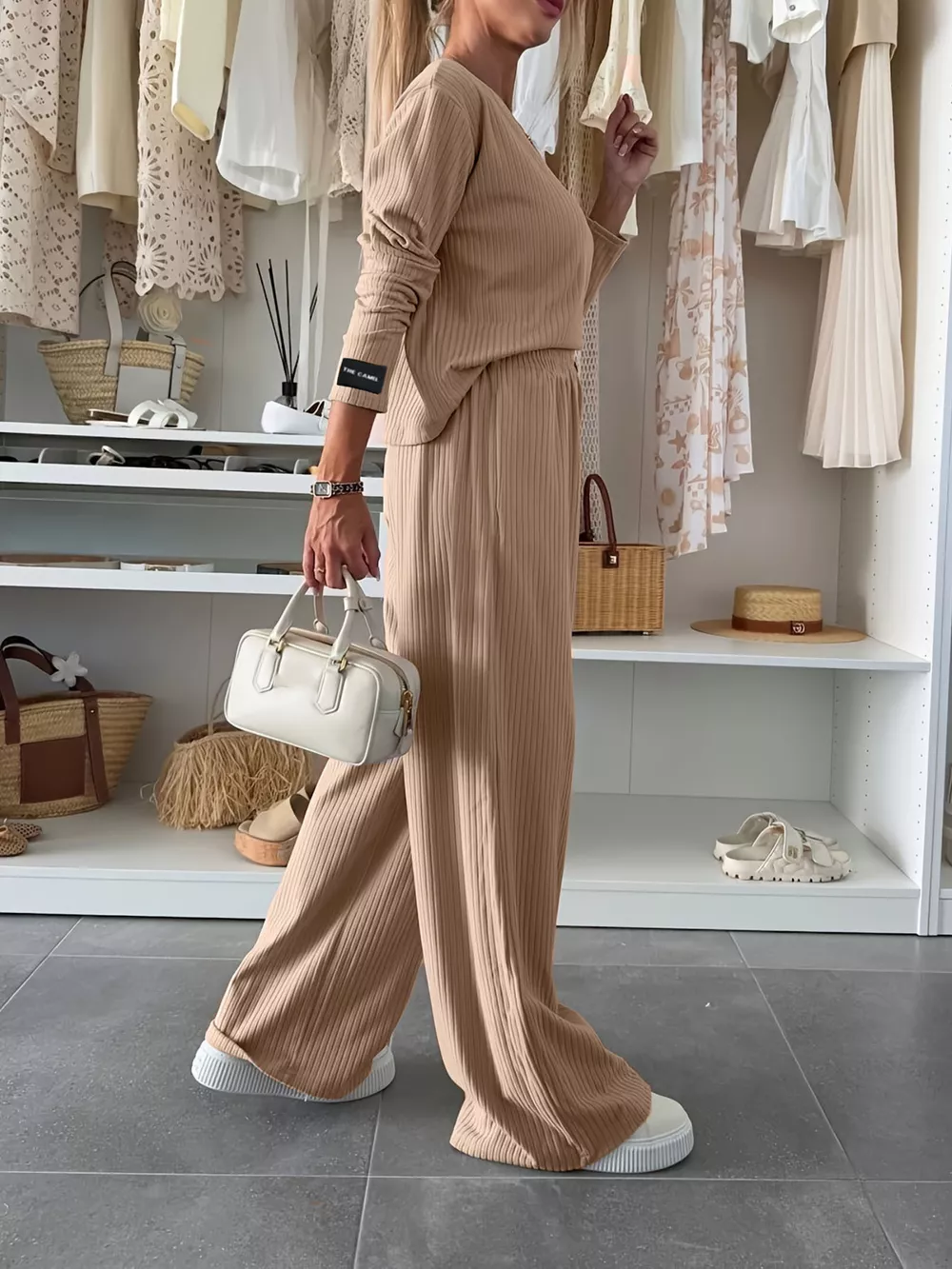 Ribbed Knit Round Neck Top and Pants Set, image 4