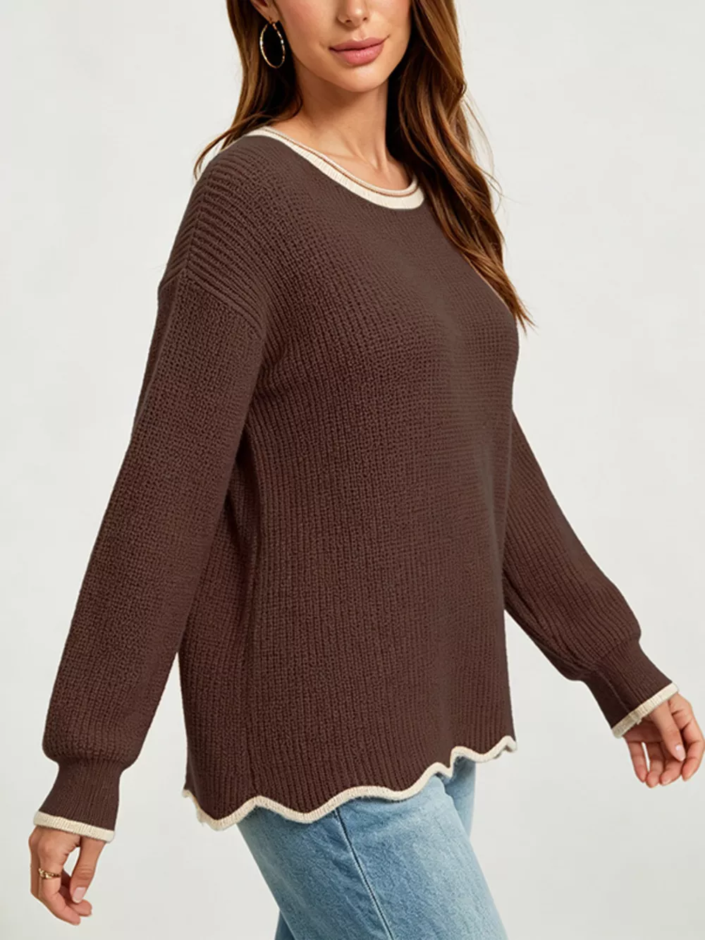 Contrast Trim Scalloped Hem Ribbed Knit Sweater, image 2