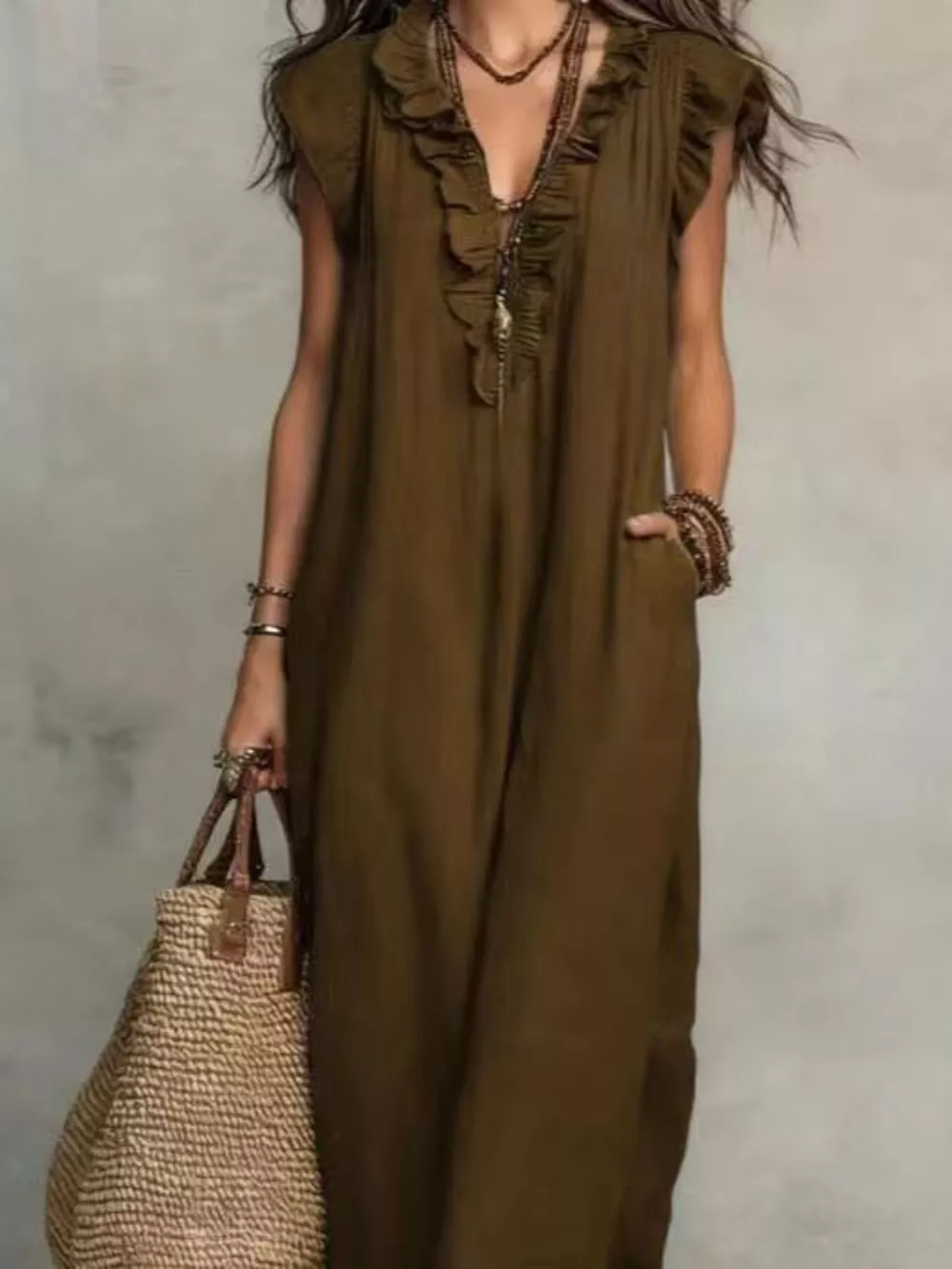 Full Size Bohemian Ruffle Neck Maxi Dress Plus Size, image 7