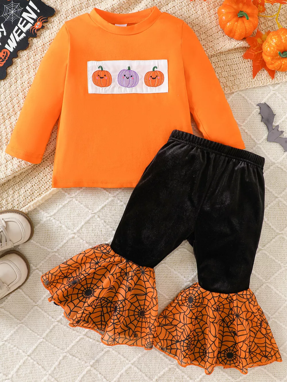 Children's Halloween Pumpkin Long Sleeve Top and Spiderweb Bell Bottom Set, image 2