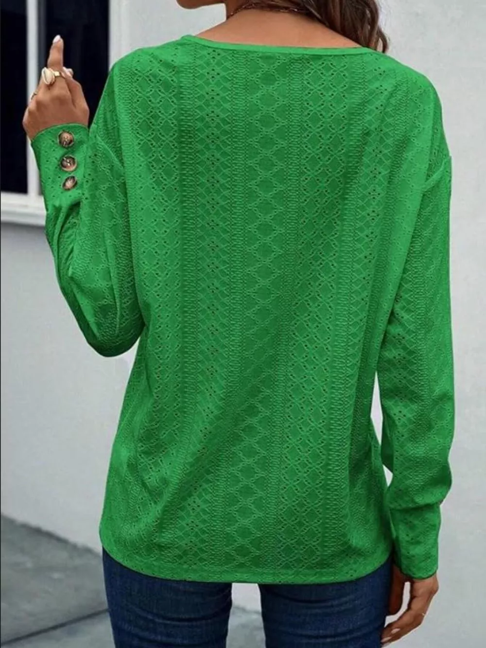 Eyelet V-Neck Long Sleeve Blouse, image 7