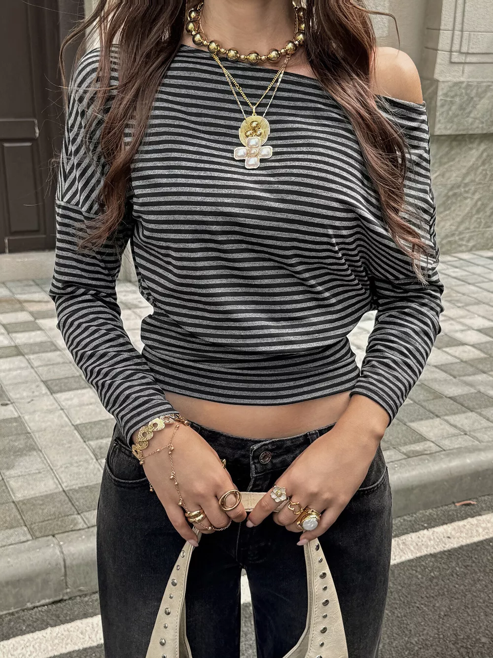 Striped One Shoulder Long Sleeve T-Shirt, image 2