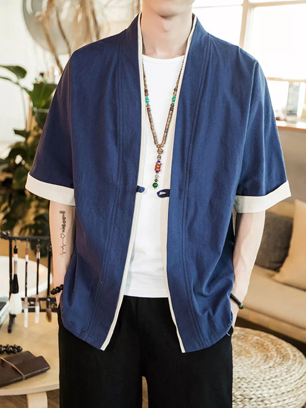 Men's Plus Size Contrast Trim Half Sleeve Shirt, image 6