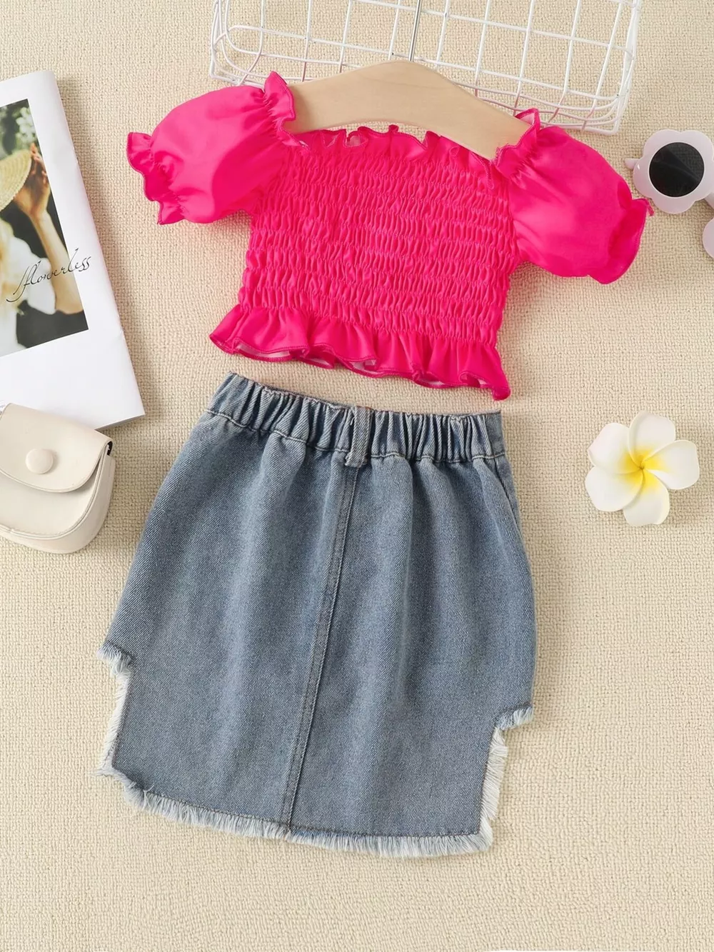 Children's Smocked Top and Distressed Denim Skirt Set