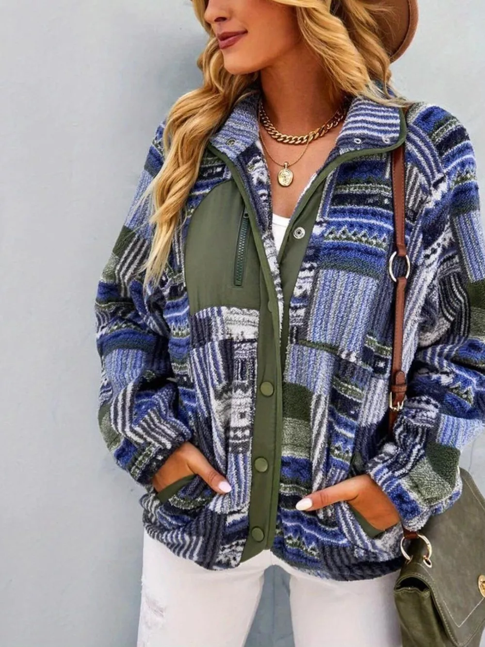 Aztec Print Fleece Snap Down Jacket, image 7