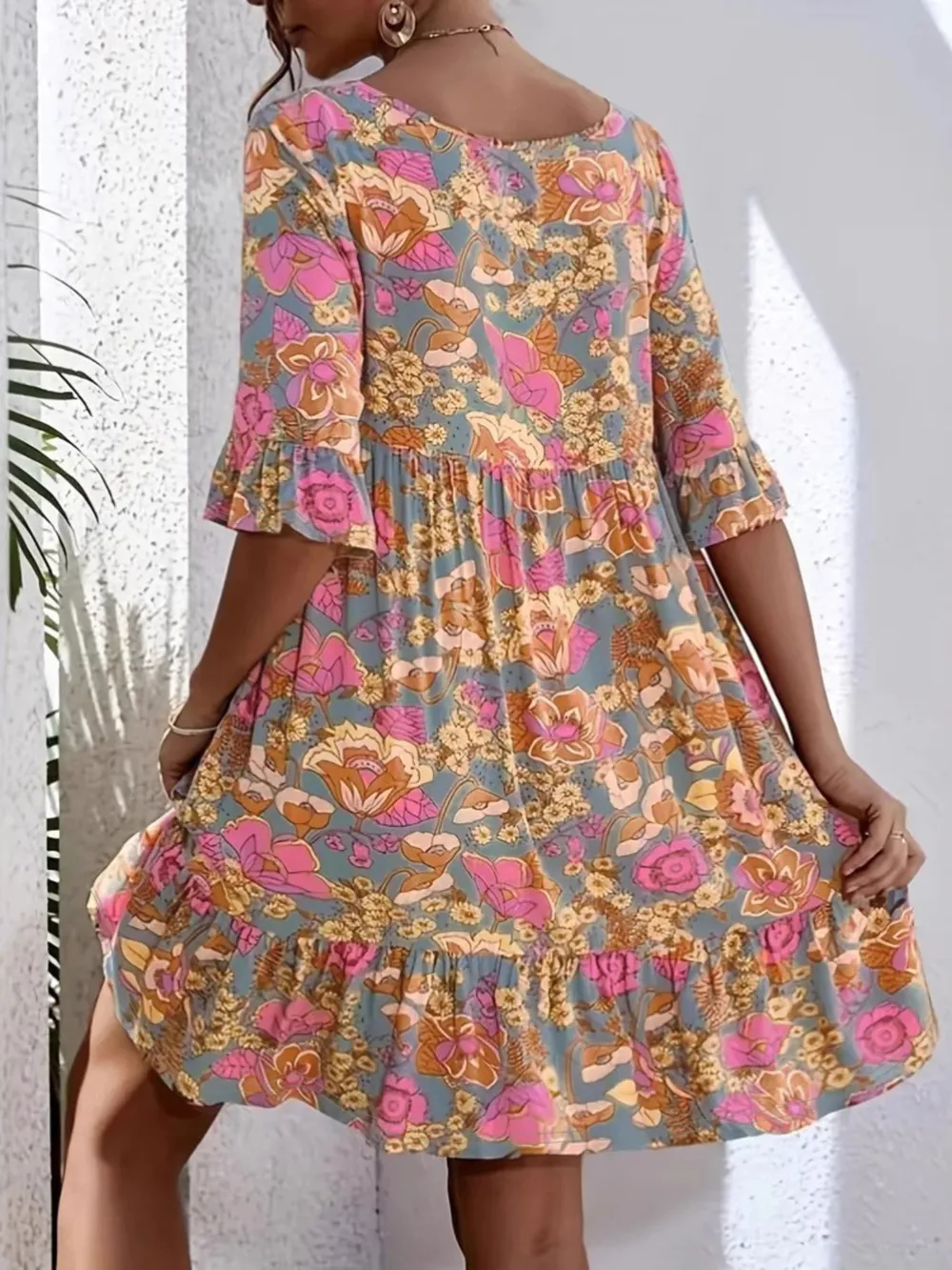 Printed V-Neck Tiered Dress, image 4