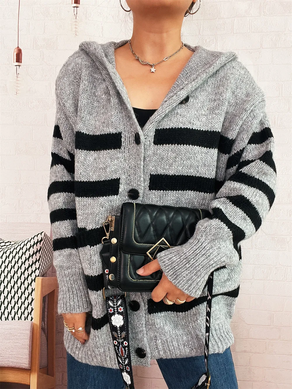 Striped Button-Up Hooded Cardigan, image 18