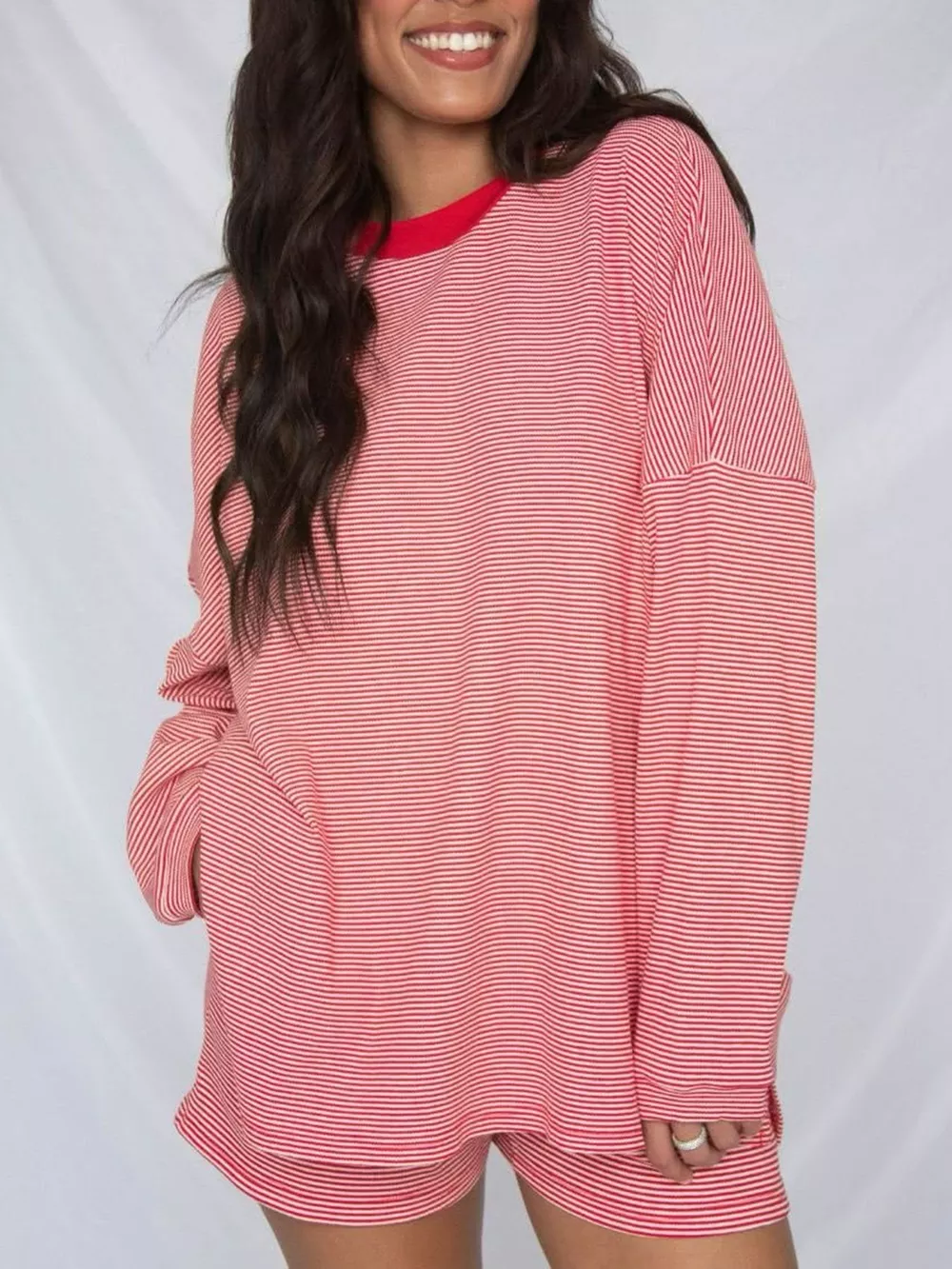 Striped Dropped Shoulder Top and Shorts Set, image 2
