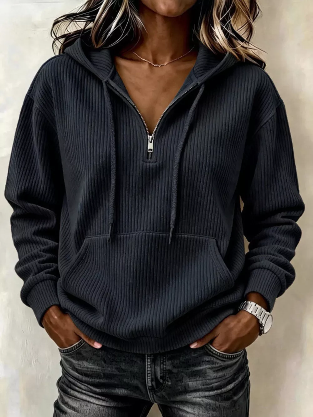 Ribbed Knit Quarter-Zip Hoodie, image 4