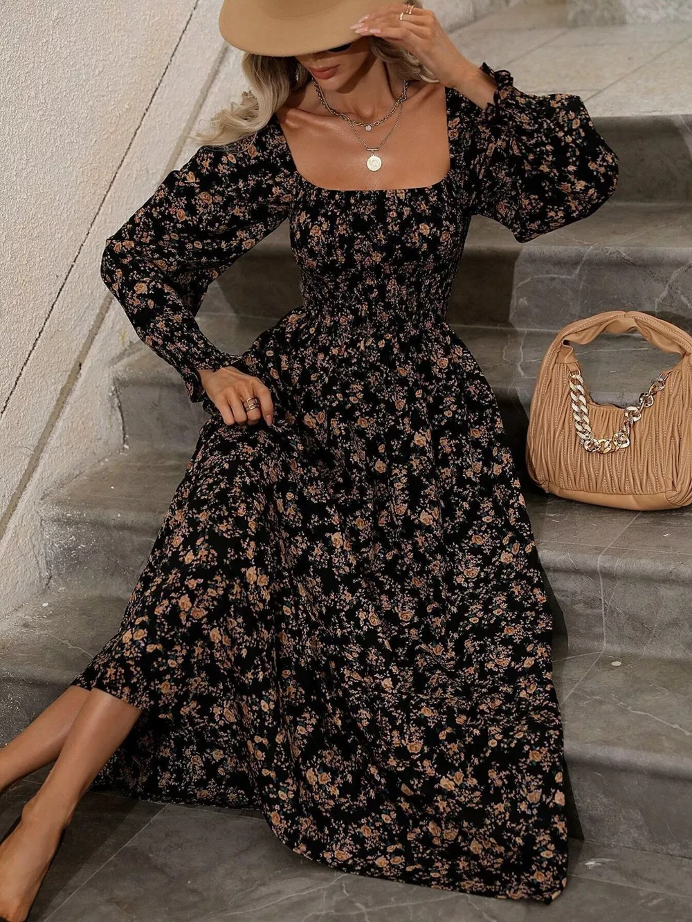 Floral Print Square Neck Smocked Midi Dress, image 7