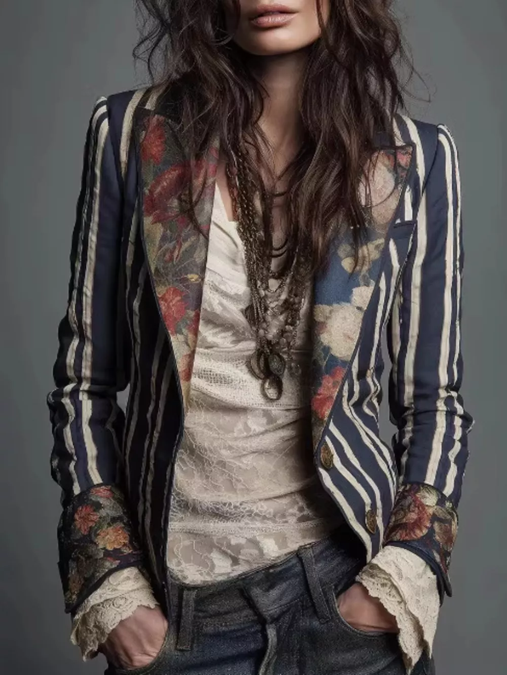 Striped Floral Contrast Slim Fit Blazer