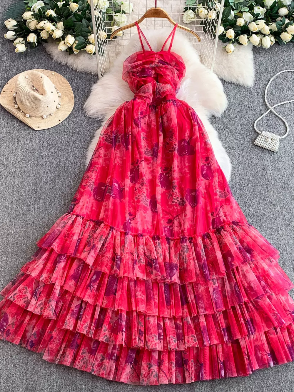 Floral Print Ruffled Layered Mesh Dress, image 2