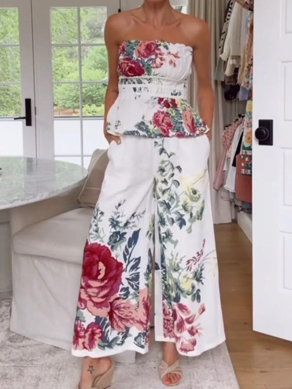 Floral Print Strapless Top and Wide-Leg Pants Set, image 6