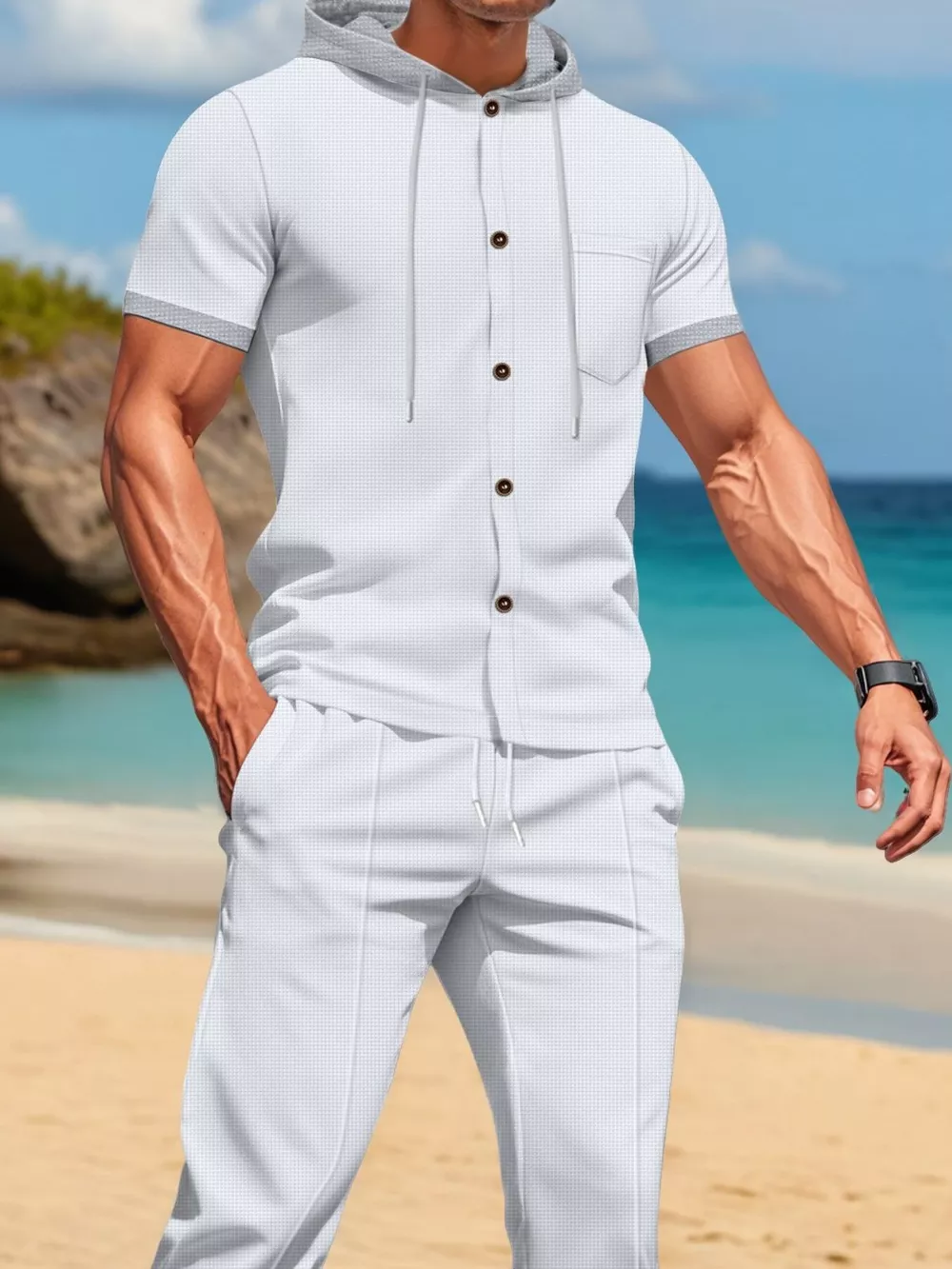 Men's Full Size Short-Sleeve Hooded Top and Shorts Set Plus Size, image 7