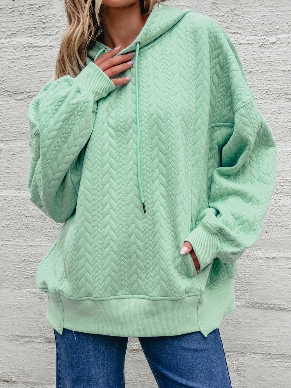 Drawstring Textured Baggy Solid Hoodie, image 11