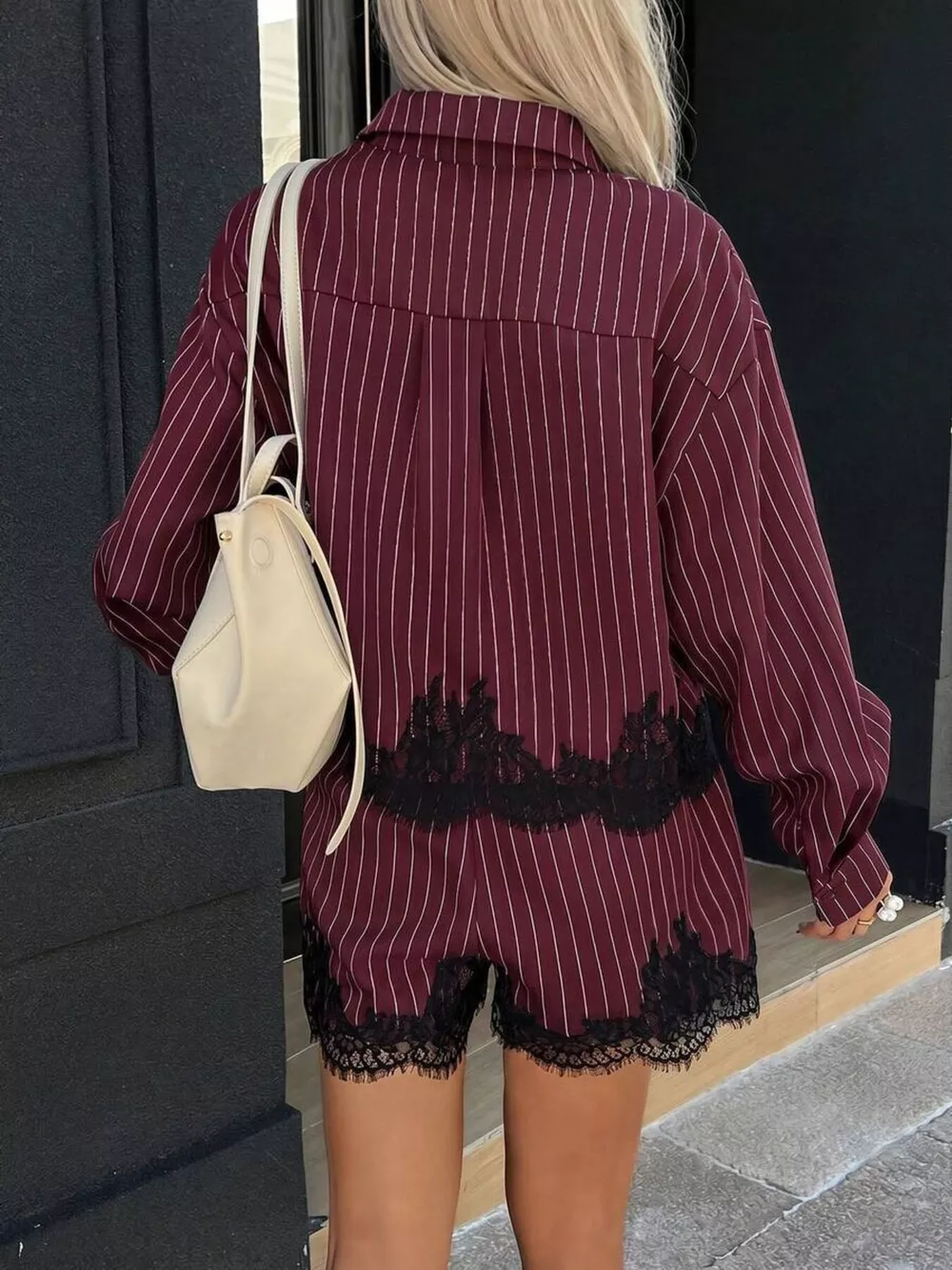 Lace Trim Striped Button-Down Shirt and Shorts Set, image 7
