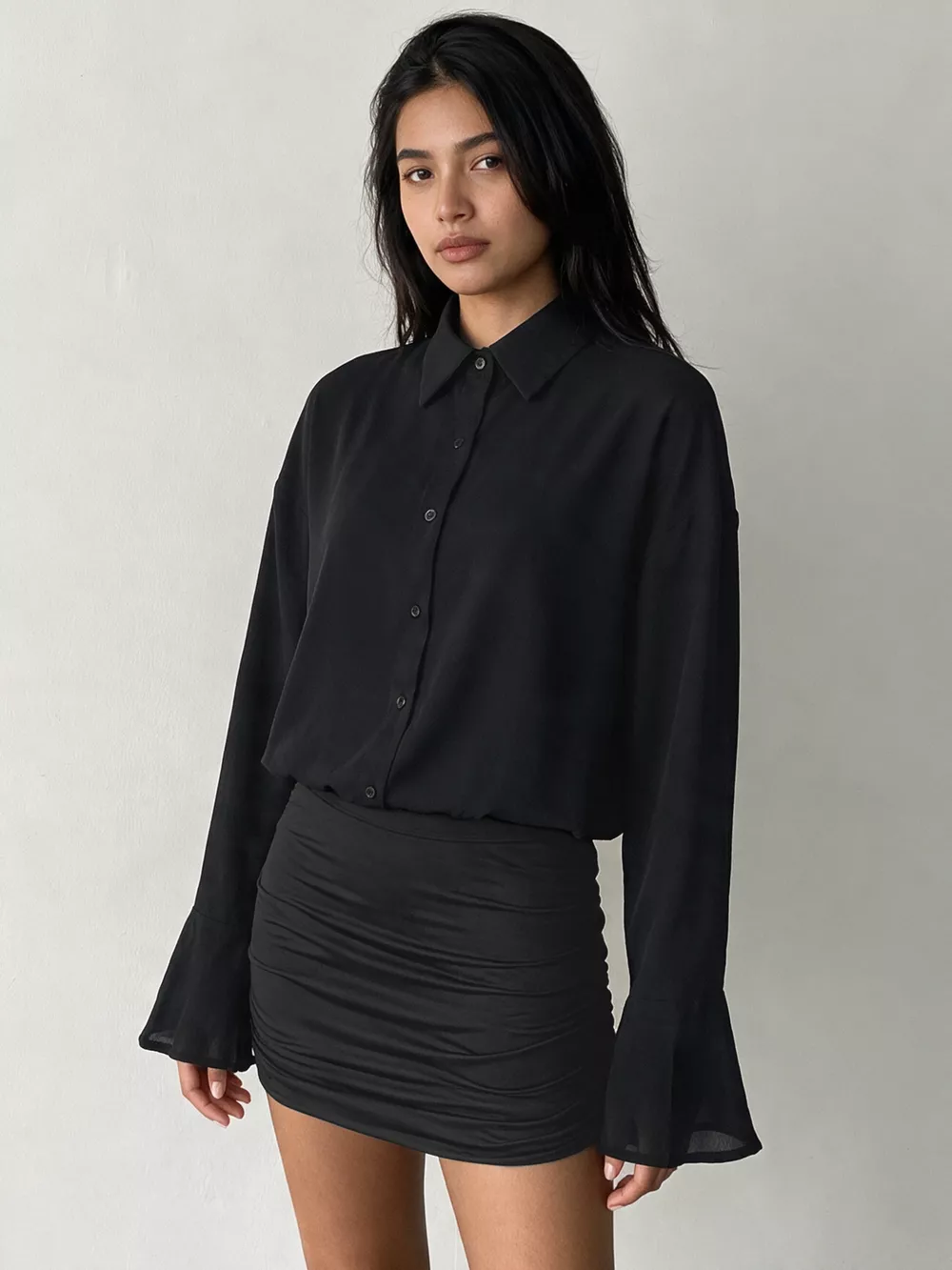 Button Front Flounce Sleeve Bodycon Shirt Dress, image 2