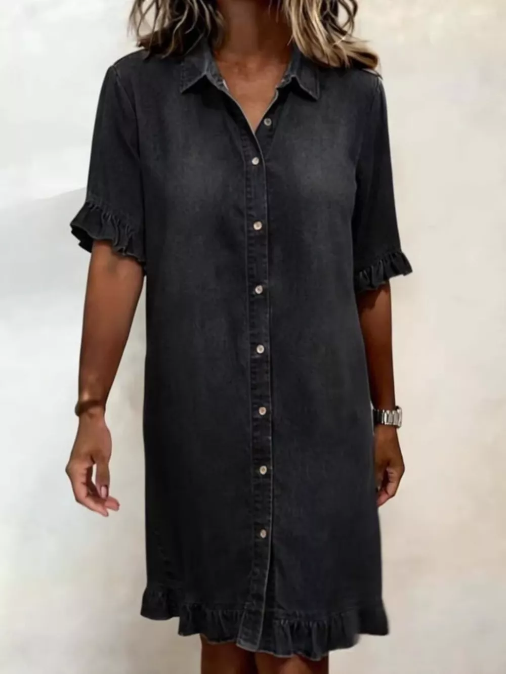 Full Size Ruffled Hem Denim Shirt Dress Plus Size, image 6