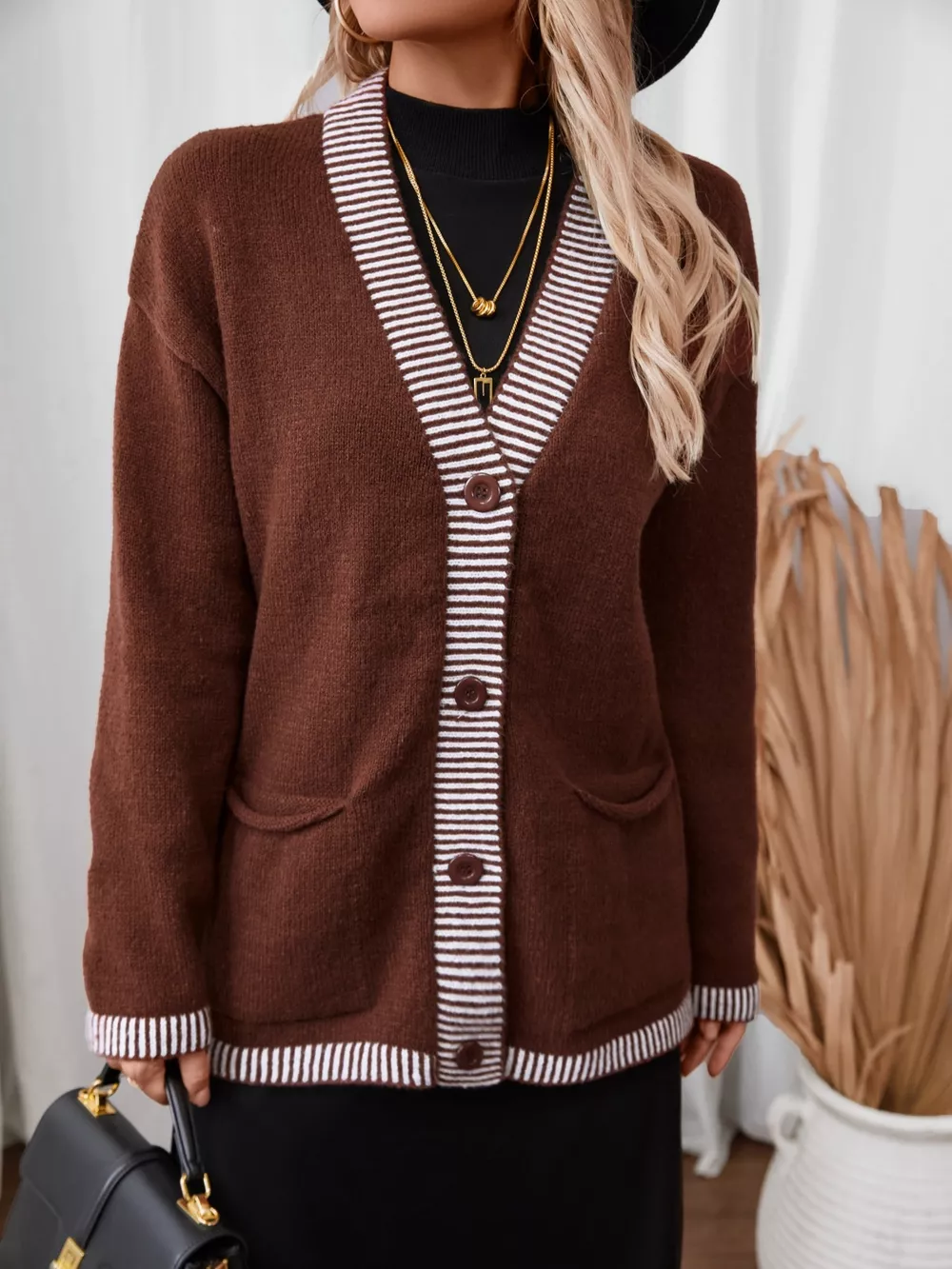 Striped Trim Button Front Pocket Knit Cardigan, image 5