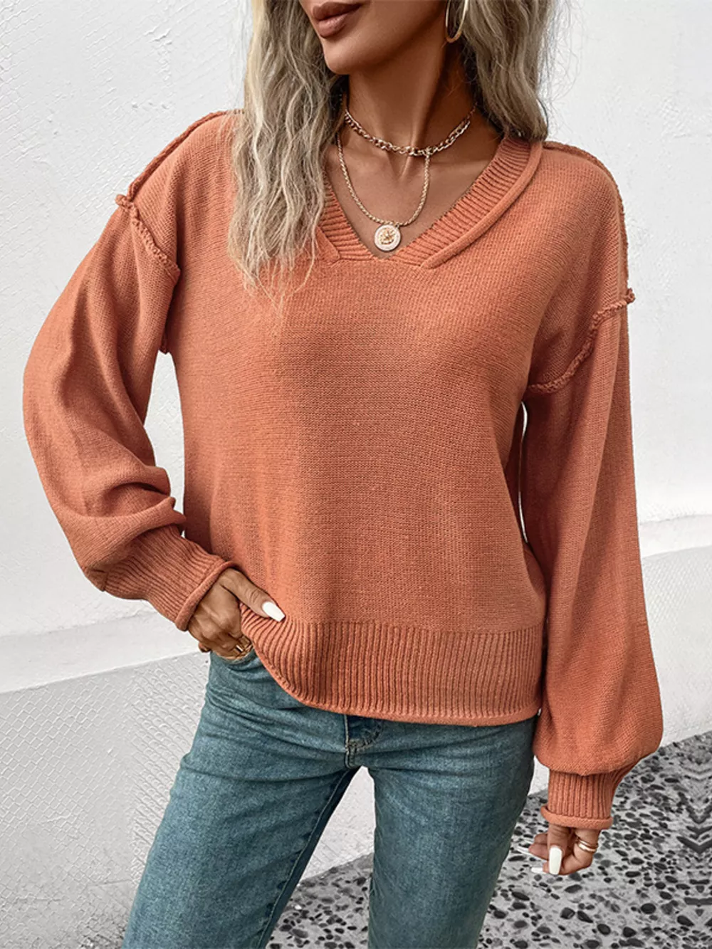 V-Neck Dropped Shoulder Sweater, image 2
