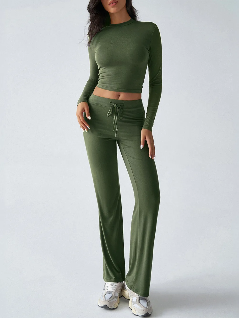Round Neck Long Sleeve Top and Pants Set, image 3