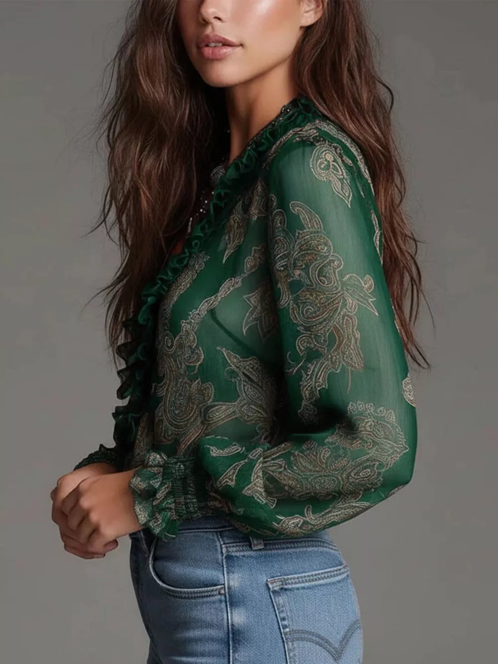Full Size Paisley Print Ruffle Trim Zip-Front Blouse Plus Size, image 13