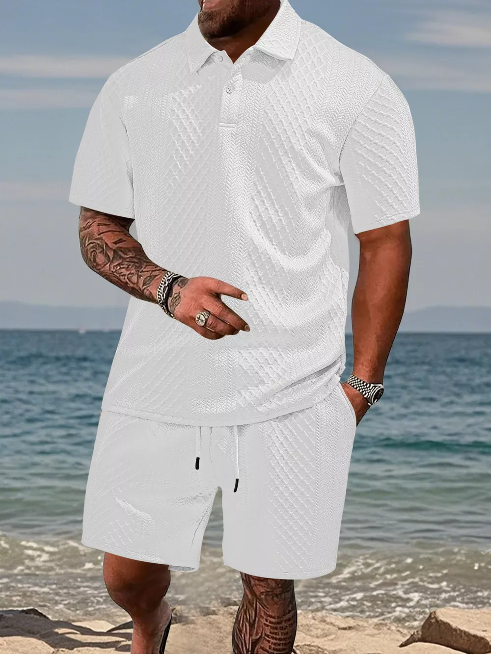 Men's Full Size Textured Knit Polo Shirt & Shorts Set Plus Size, image 5