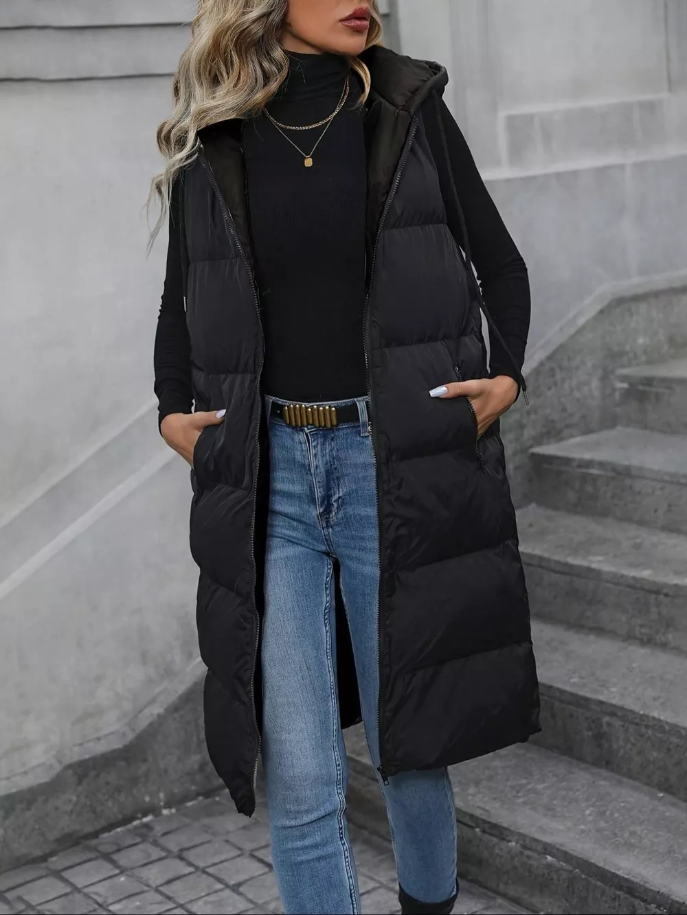 Longline Padded Hooded Vest Coat
