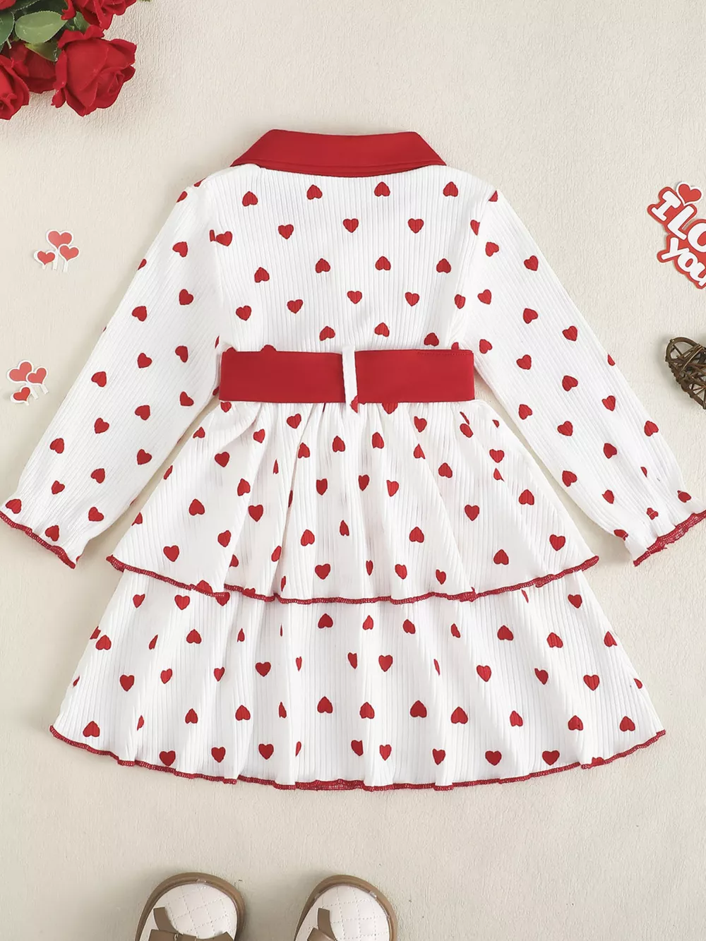 Children's Heart Print Tiered Dress and Belt Set, image 7