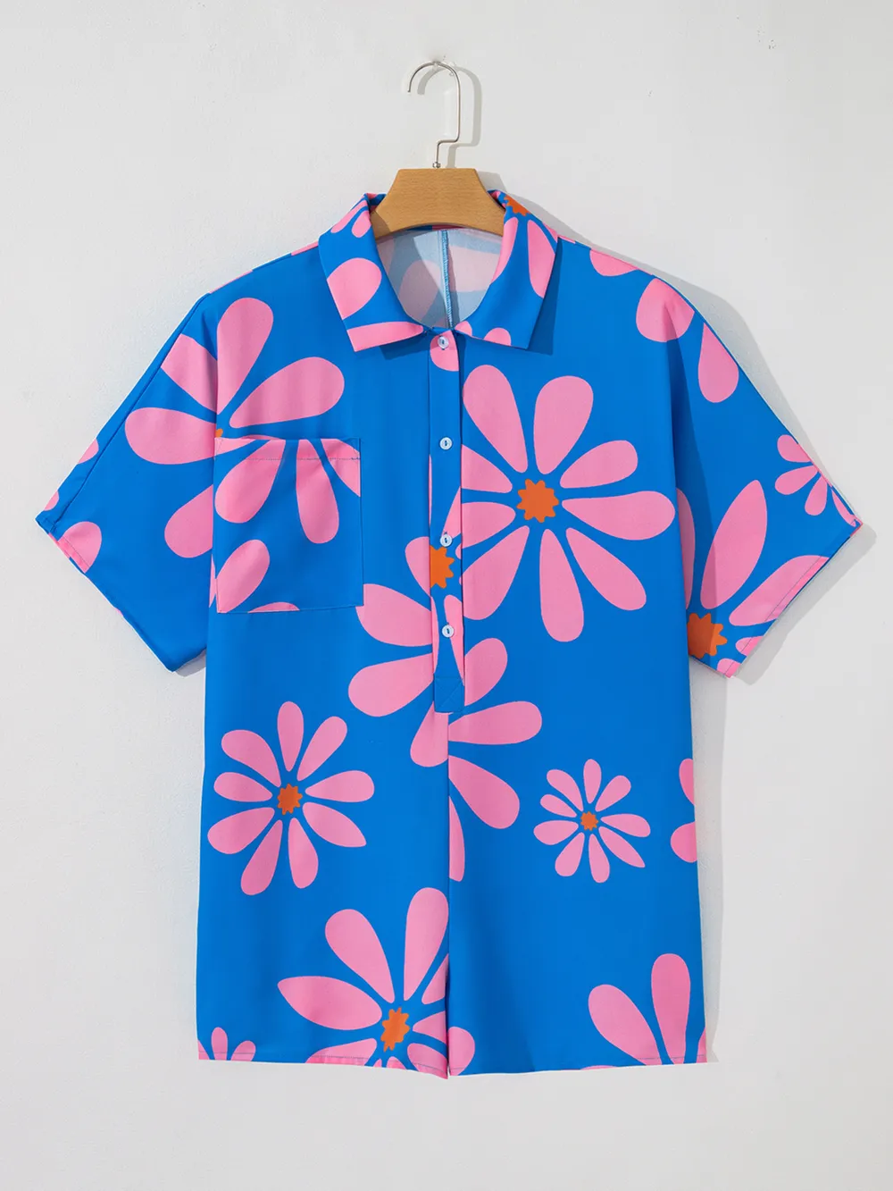 Summer Flower Print Shirt Collar Button Front Loose Romper, image 9