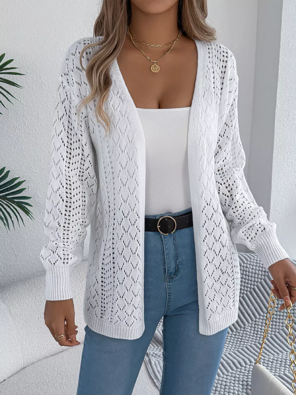 Openwork Open-Front Long Sleeve Cardigan, image 6