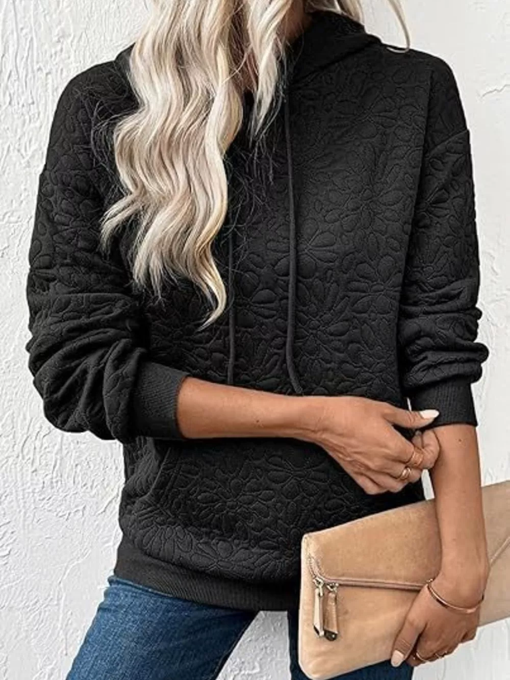 Textured Floral Embossed Drawstring Hoodie, image 2