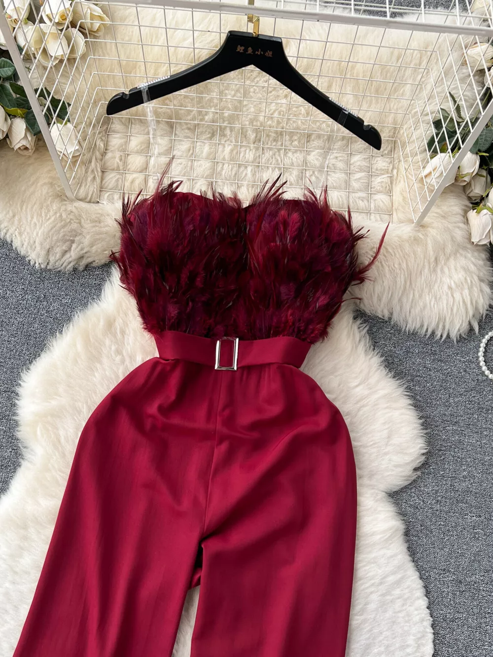 Feather Trim Strapless Wide Leg Jumpsuit, image 9
