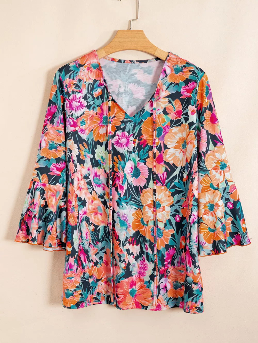 Floral 3/4 Flare Sleeve Tied Neck Blouse, image 4