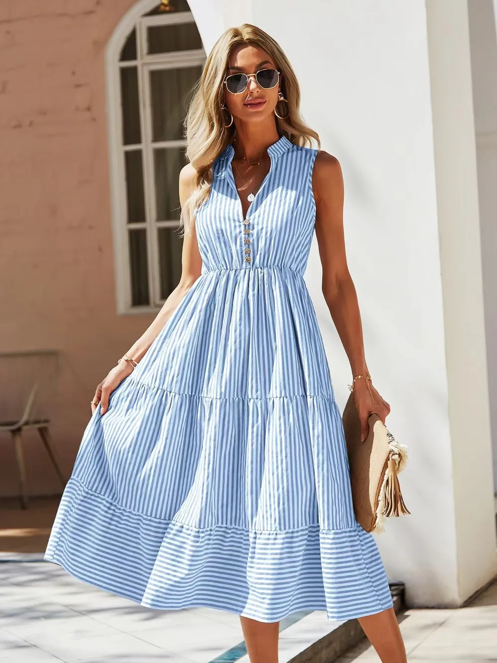 Striped Sleeveless Tiered Midi Dress, image 10
