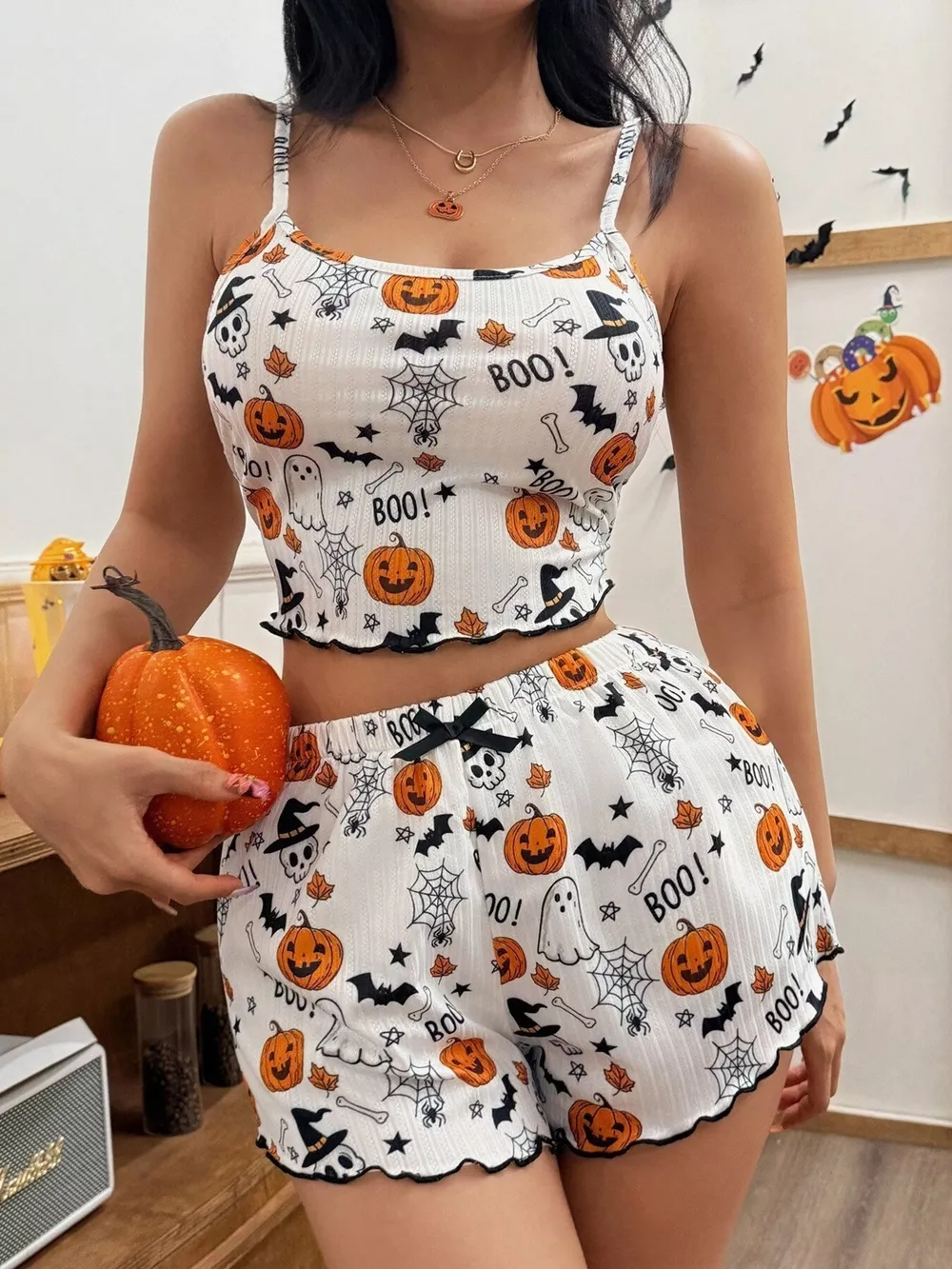 Halloween Pumpkin Print Cami and Shorts Lounge Set, image 6