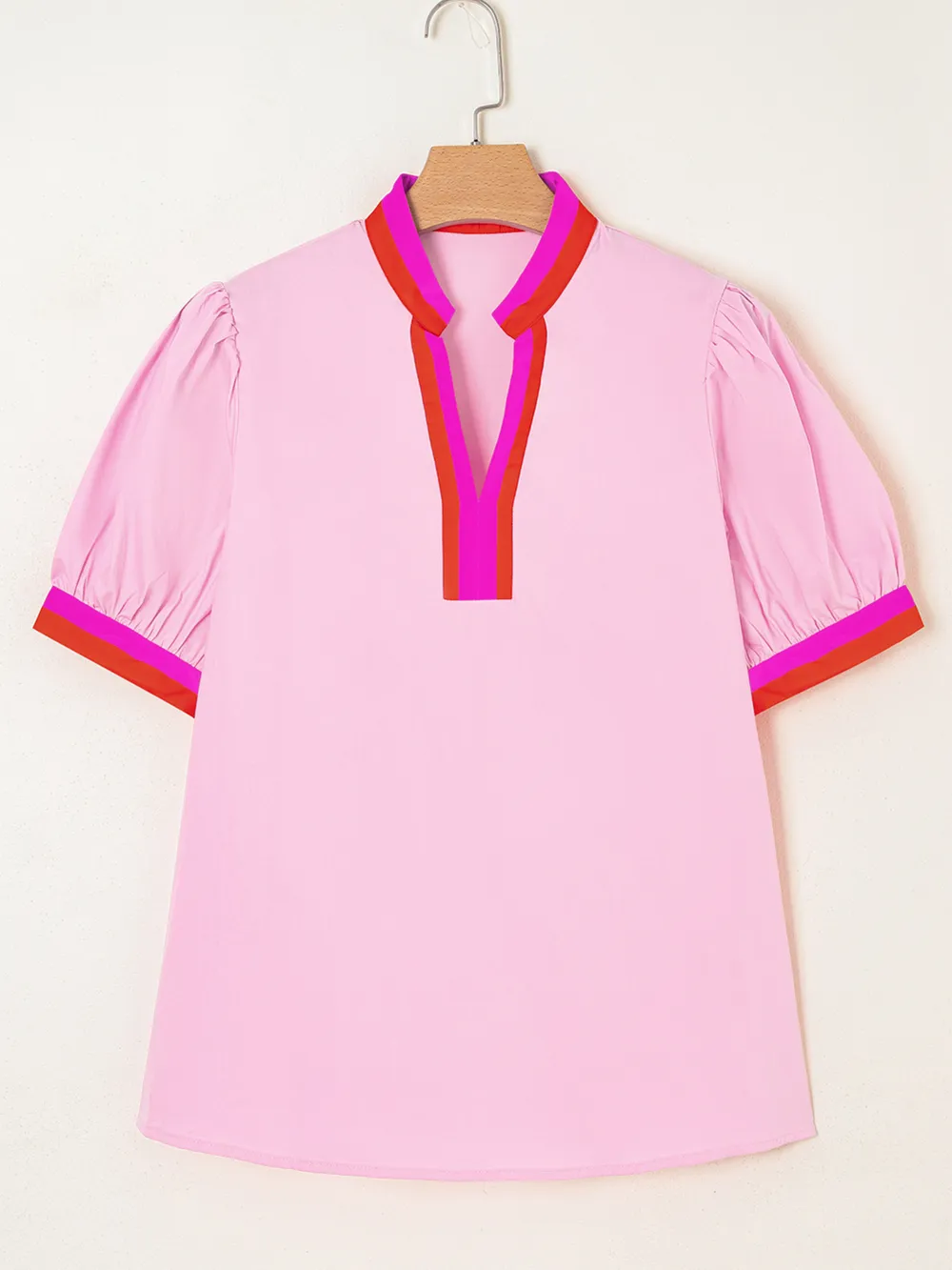 Contrast Trim Notched Short Sleeve Blouse, image 7