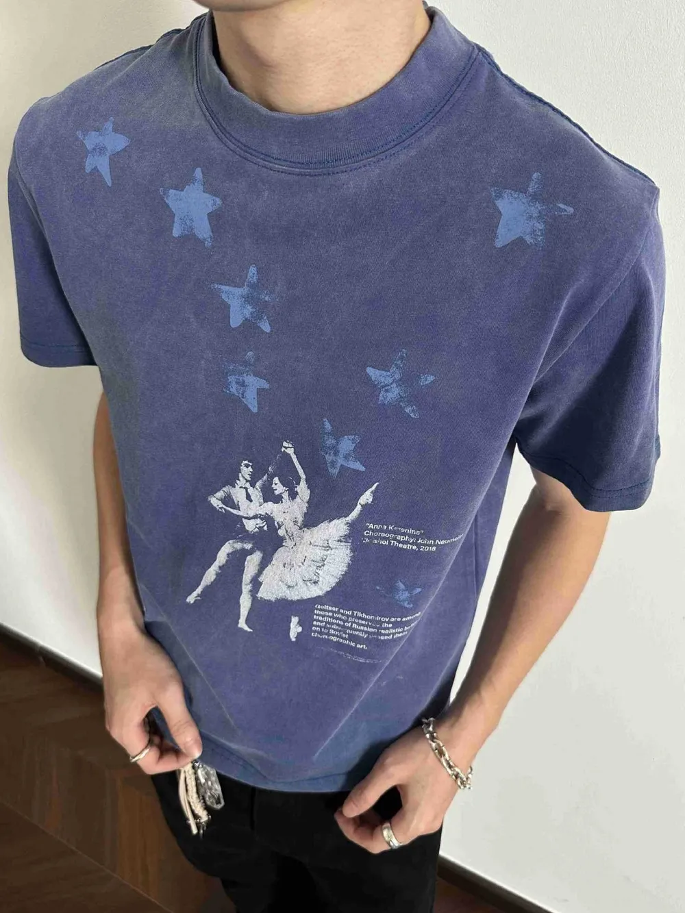 Men's Plus Size Vintage Washed Ballet Print T-Shirt
