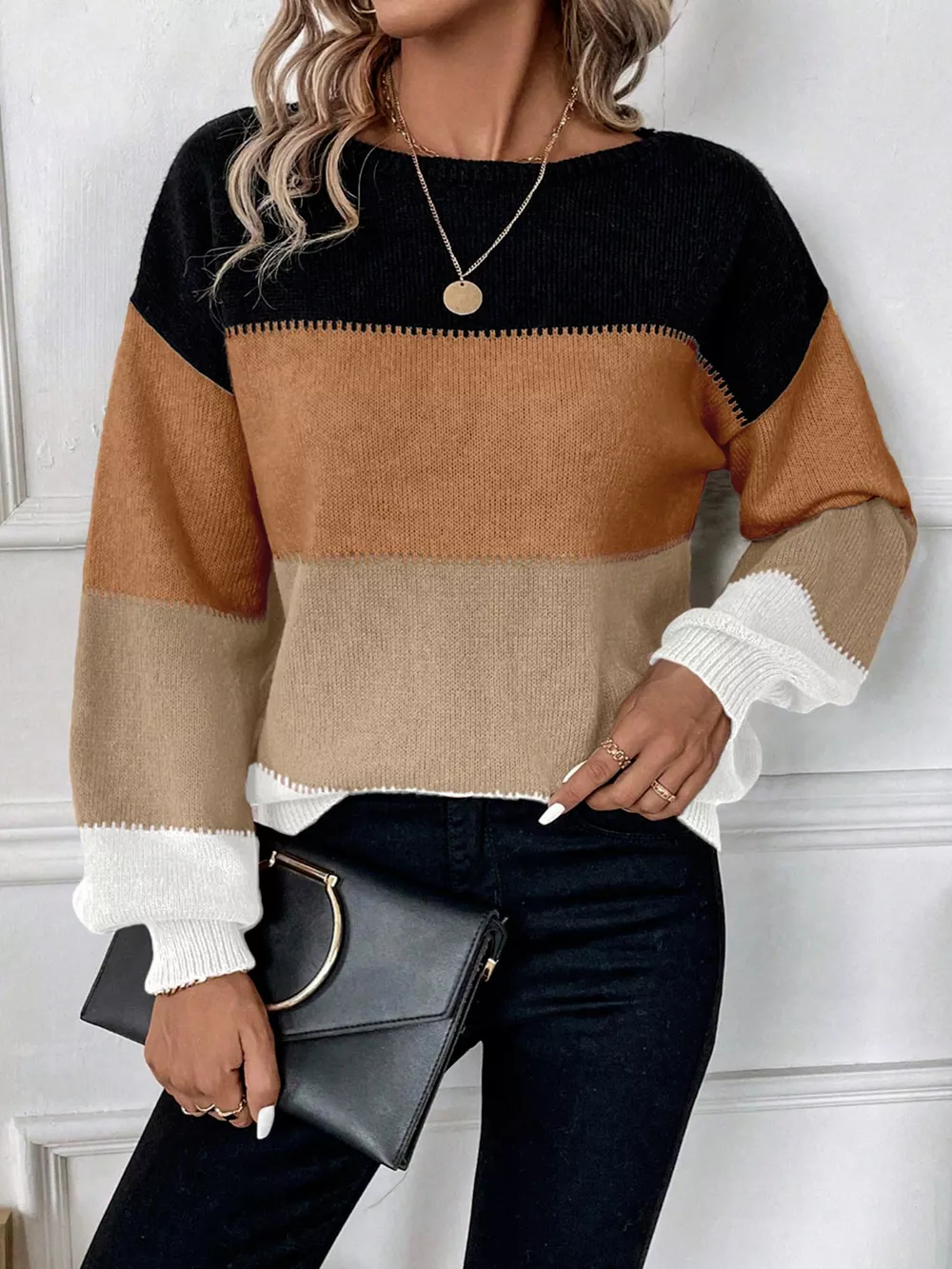 Color Block Round Neck Knit Sweater, image 4