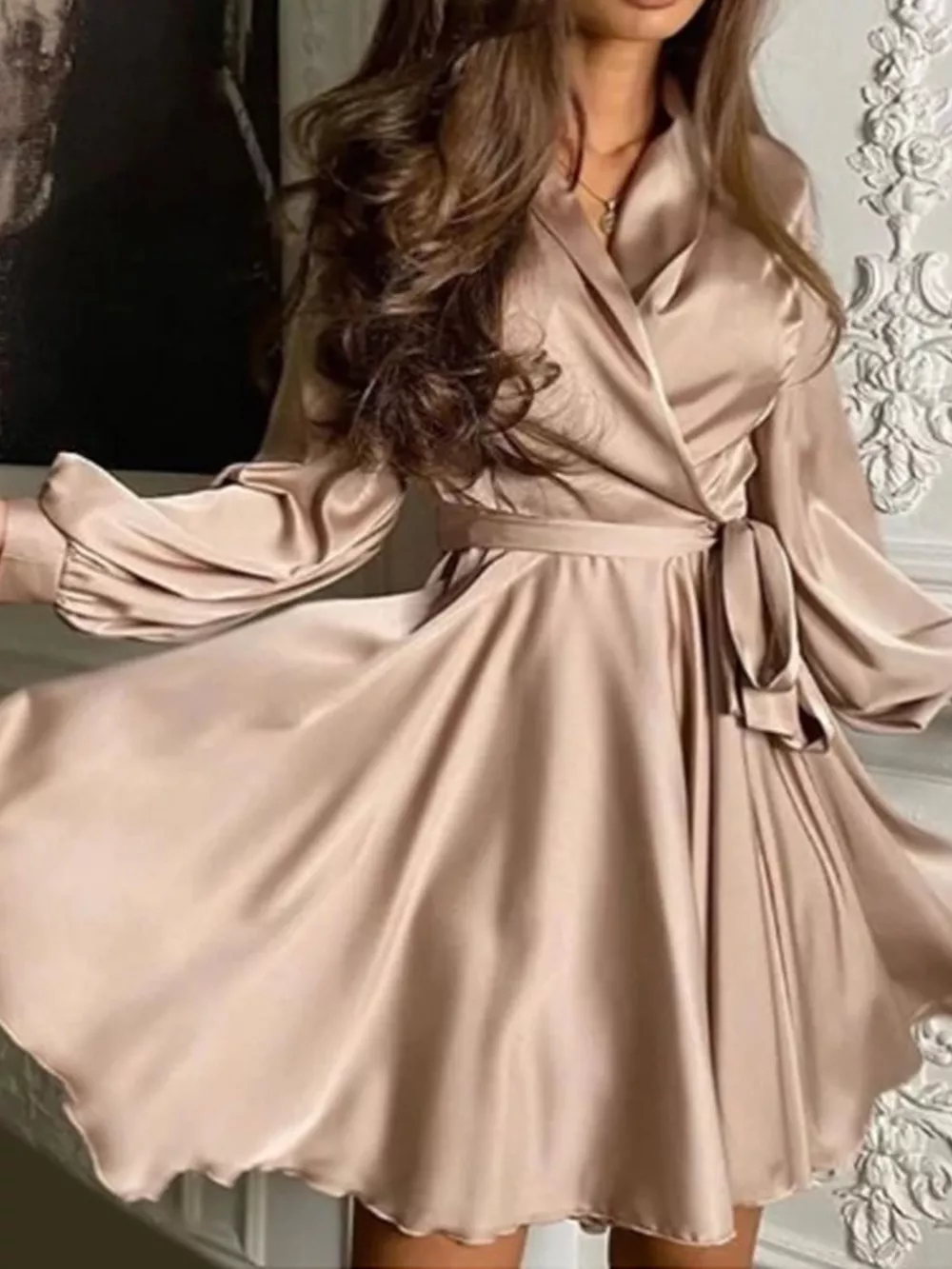 Satin Surplice Long Sleeve Mini Dress, image 2