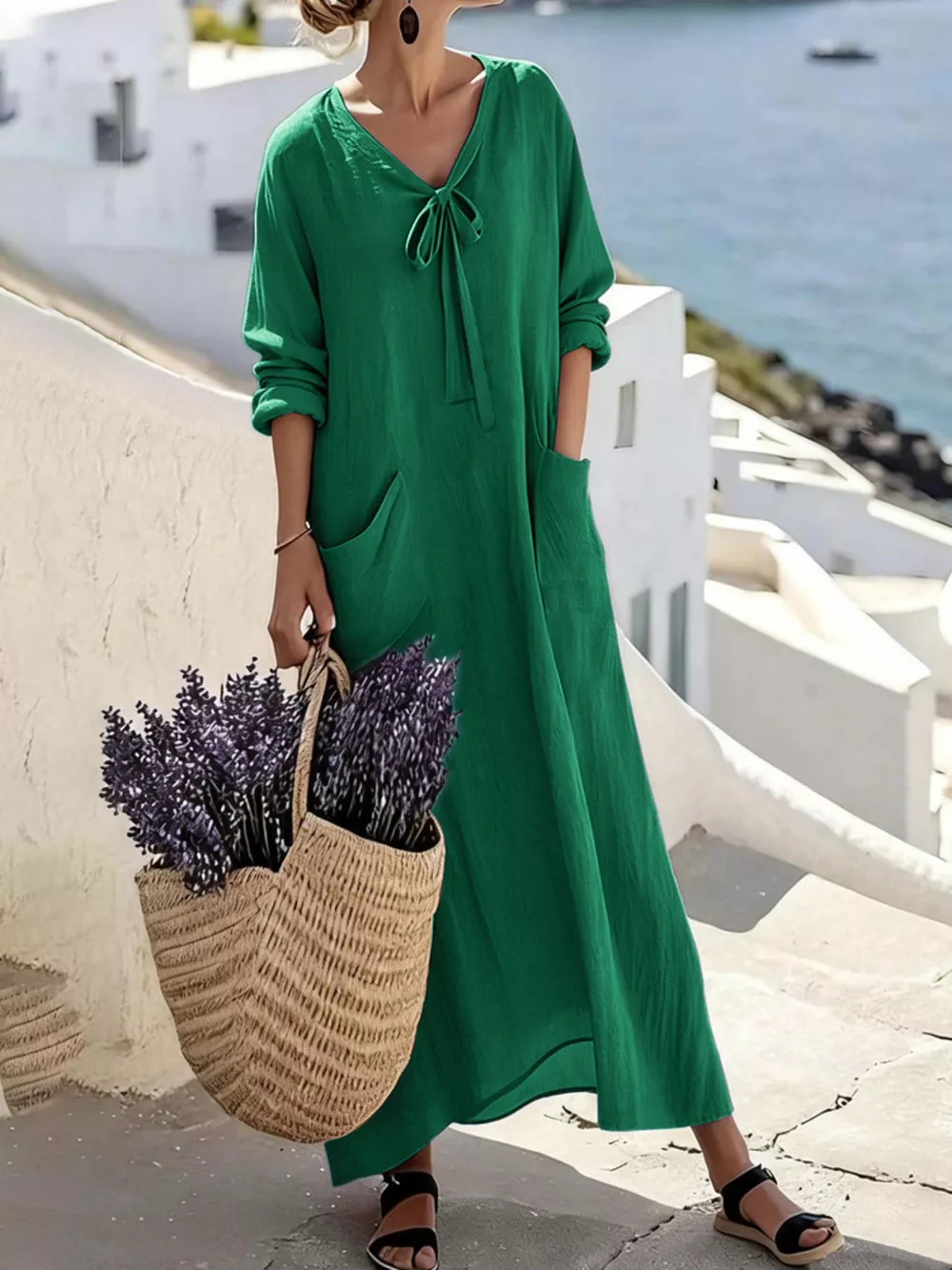Full Size Long Sleeve Loose Maxi Dress with Pockets Plus Size, image 3