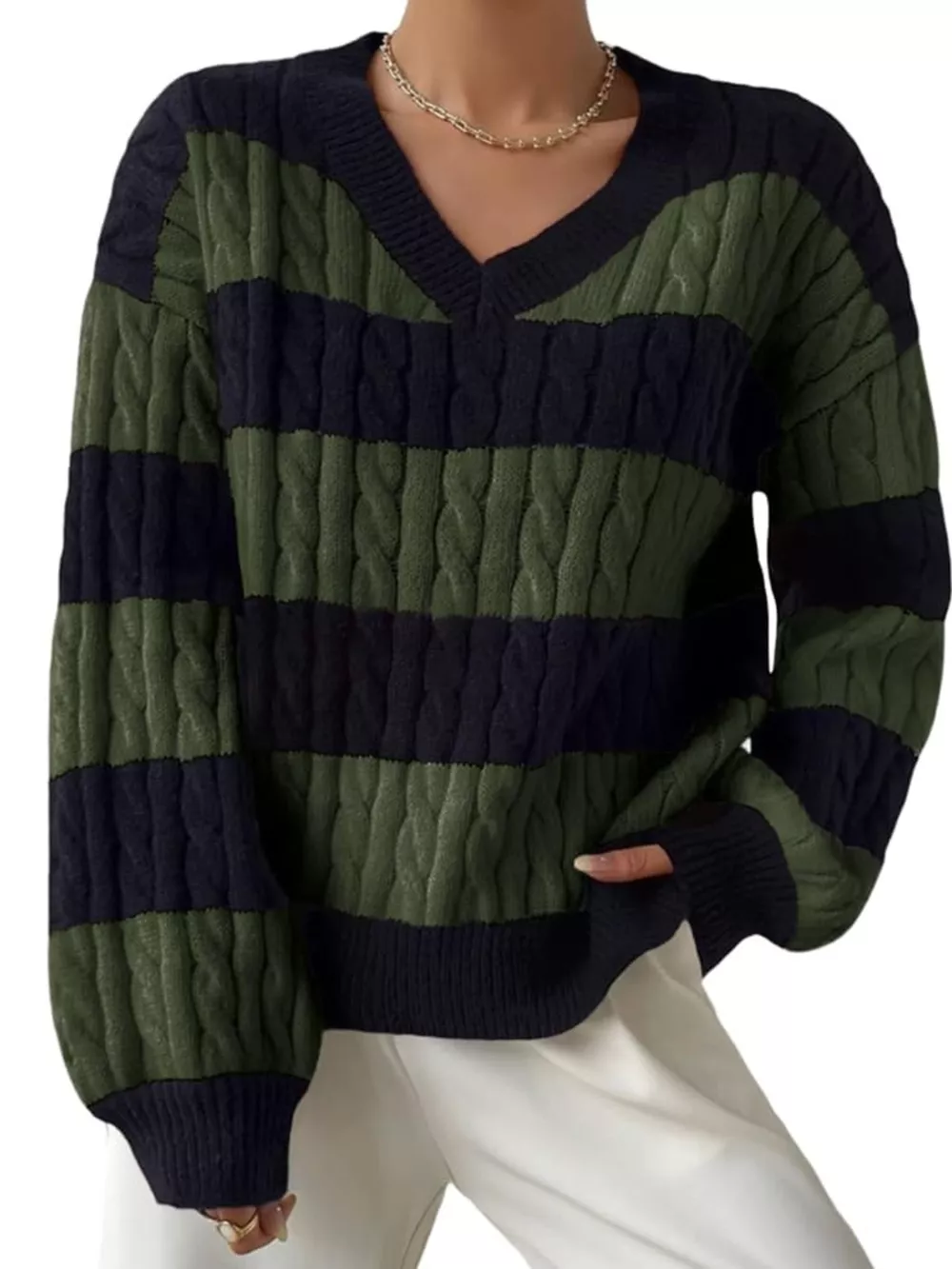 V-Neck Striped Cable Knit Sweater, image 11